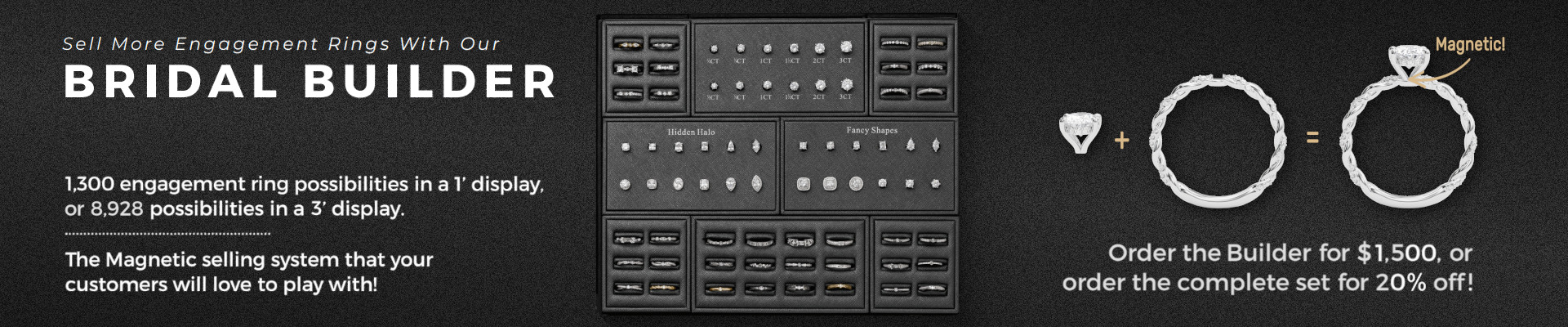 The magnetic selling system that your customers will love to play with! ~1300 engagement ring possibilities in a 1' display, or 8,928 possibilities in a 3' display.